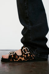 Women's Leopard Print Leather Flat Sandals with Buckle Detail