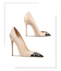 Women's Rockstud Alcove Pointed Toe High Heel Pumps with Contrasting Cap