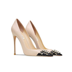 Women's Rockstud Alcove Pointed Toe High Heel Pumps with Contrasting Cap