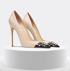 Women's Rockstud Alcove Pointed Toe High Heel Pumps with Contrasting Cap