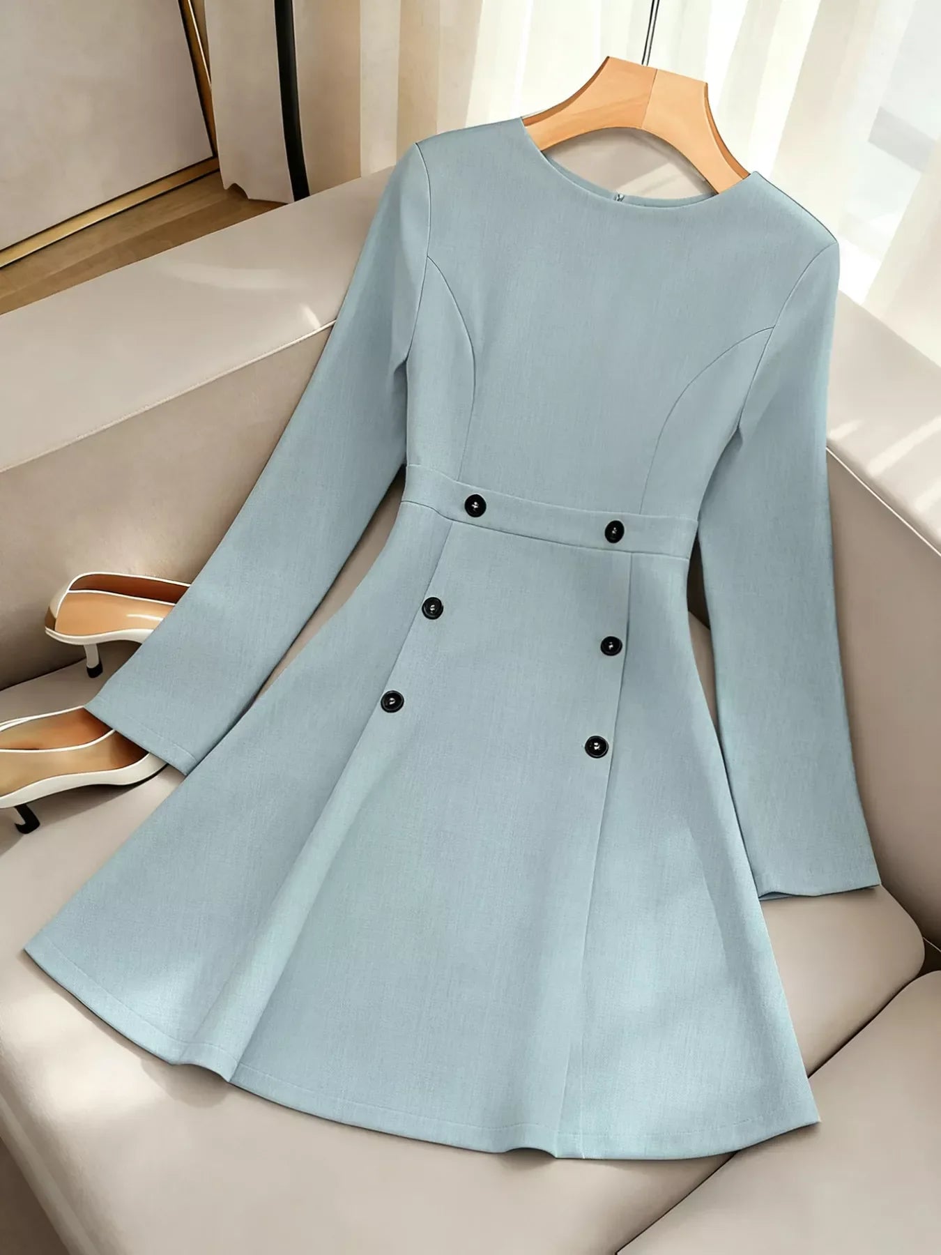 A-Line Decor Button Long Sleeve Dress Air Force Blue / S