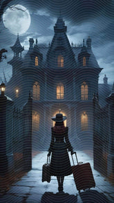 A Woman Holding Suitcase Standing In Front Of A Mansion