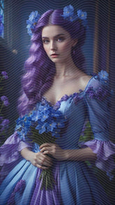 A Woman in Blue Dress Holding Flowers