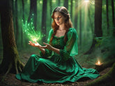 A Woman in Green Dress Sitting in the Woods Casting Magic