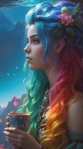 A Woman with Colorful Hair Holding a Cup