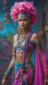 A Woman with Pink Hair Wearing Colorful Outfit