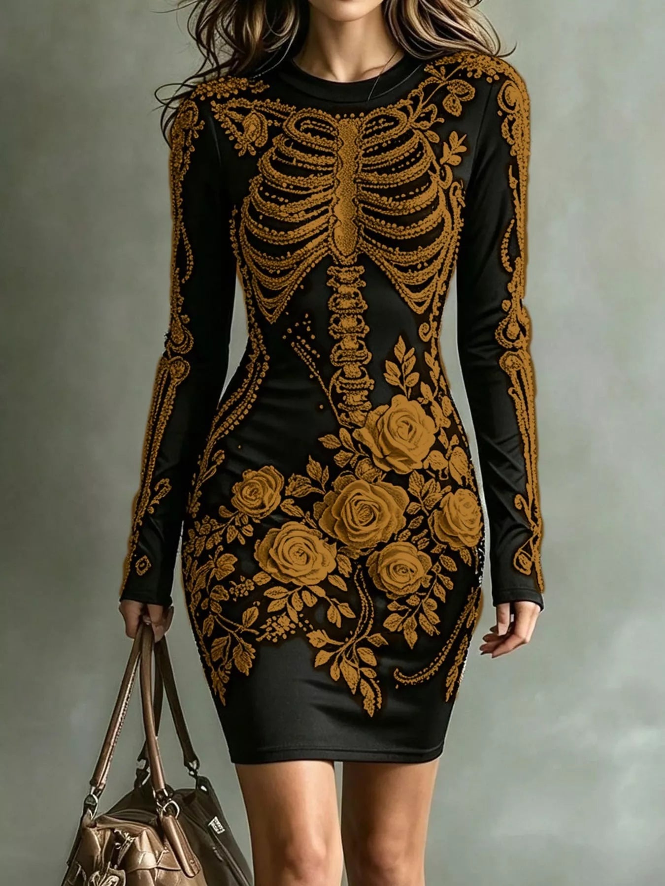 Black long sleeve bodycon dress with gold skeleton and rose print, front view