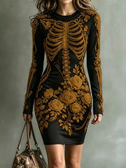 Black long sleeve bodycon dress with gold skeleton and rose print, front view