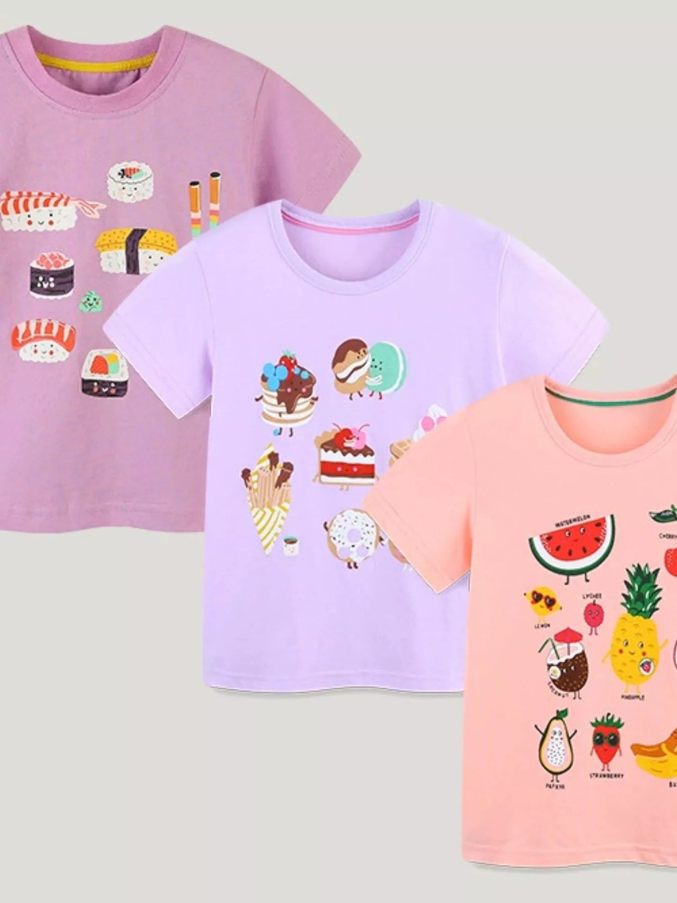 Children's multicolor short-sleeve T-shirt featuring a cartoon fruit print.