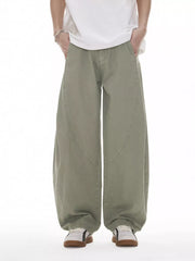 Men's gray green casual pants with wide legs and pockets.