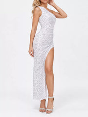 White sequin one shoulder evening dress worn in a side view against a white background