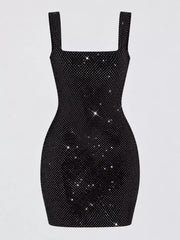 Black rhinestone mesh bodycon mini dress, flat front product view