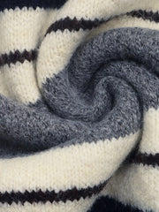 Close-up of the soft gray and cream striped knit fabric texture
