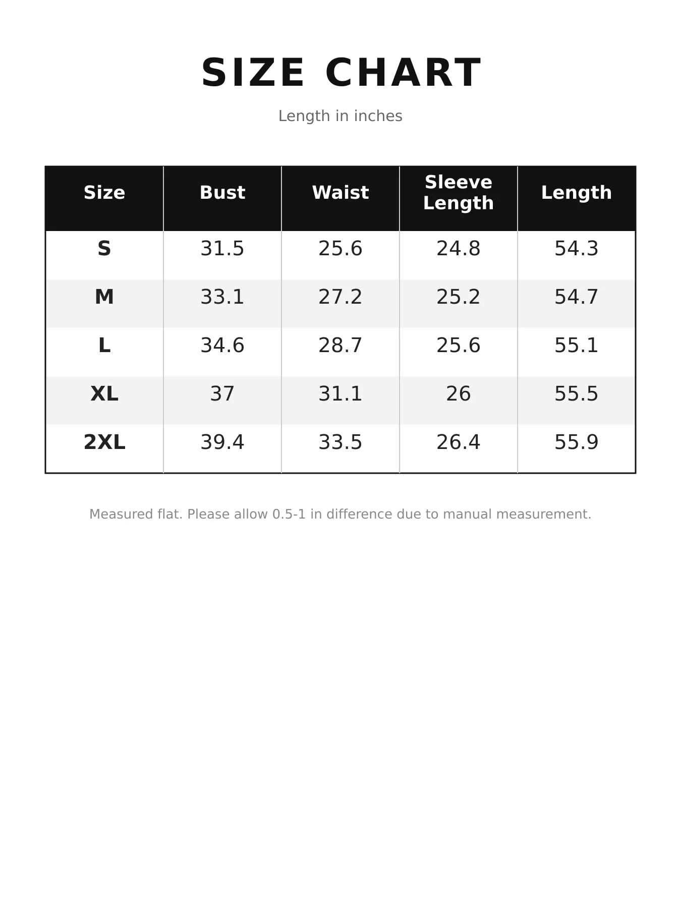 Size chart for the black lace mermaid midi dress showing bust waist sleeve and length measurements