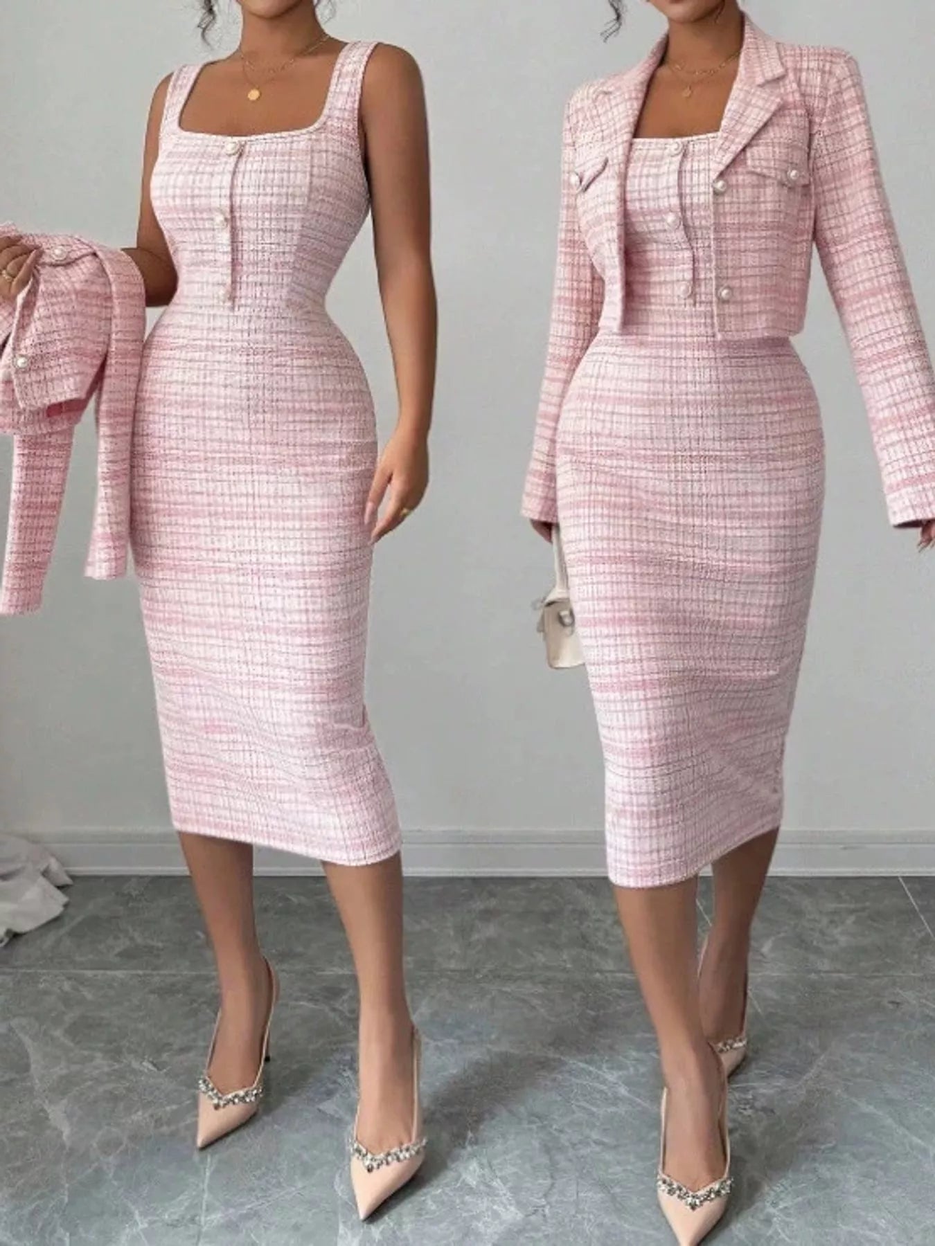 Pink tweed square neck dress shown with and without the matching cropped cardigan, front view
