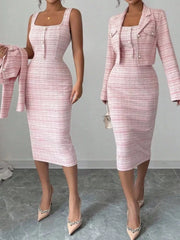 Pink tweed square neck dress shown with and without the matching cropped cardigan, front view