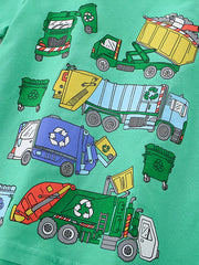 Close-up of the cartoon garbage truck and recycling bin print across the green children's T-shirt