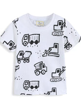 Front view of a white children's t-shirt with black outline construction trucks and excavators