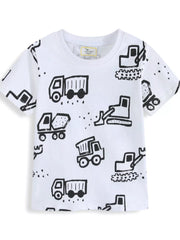Front view of a white children's t-shirt with black outline construction trucks and excavators