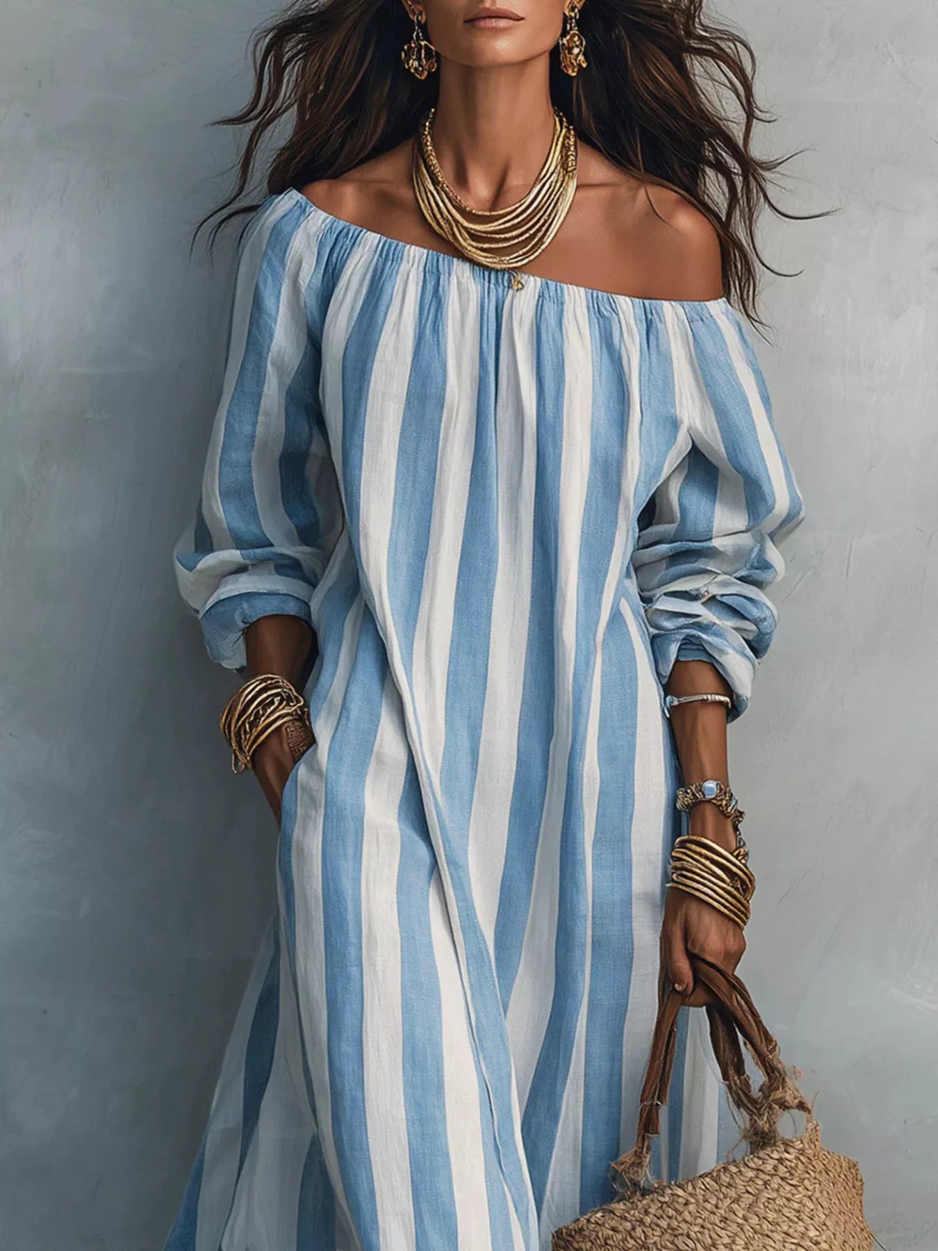 Close view of sky blue and white striped off shoulder dress bodice and sleeves