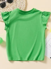Back view of the plain green children's cap sleeve T-shirt with gathered sleeve edges