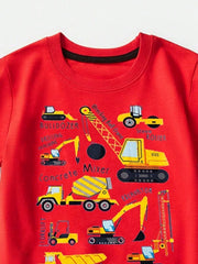 Close-up of the red crew neckline with black inner trim on a children's construction vehicle T-shirt