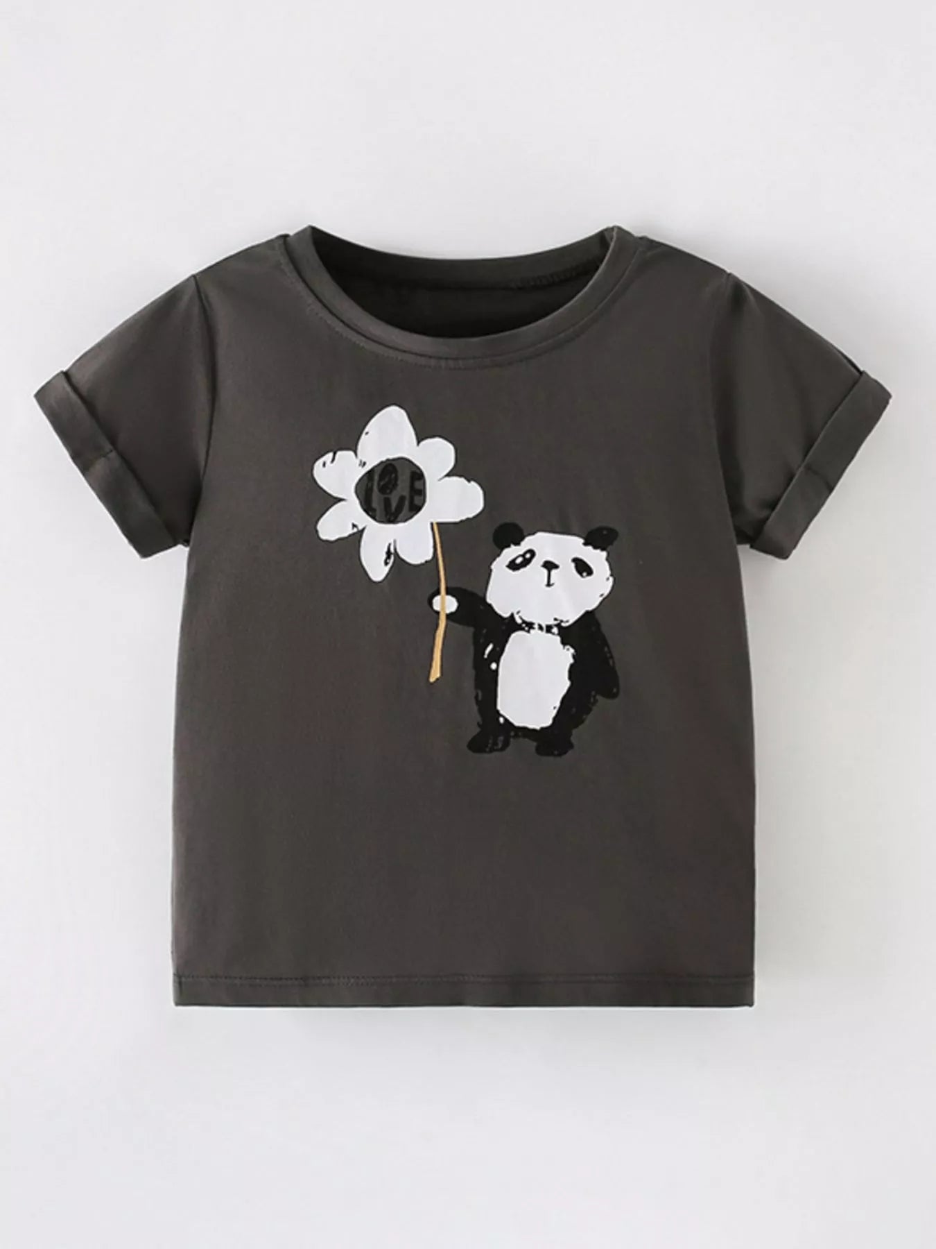 Front view of a dark gray children's short sleeve shirt with a panda holding a large white flower