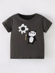 Front view of a dark gray children's short sleeve shirt with a panda holding a large white flower