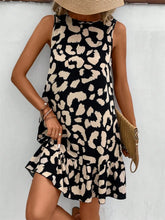 Women's leopard-print tank dress with a round neckline and tie detail.