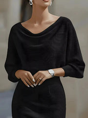 Close view of the dark gray cowl neck and three quarter sleeves on a bodycon midi dress