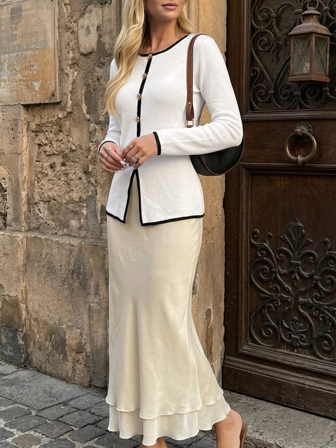 Full length front view of white knit top with black trim and gold buttons.