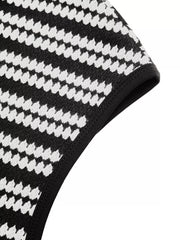 Close up flat detail of a black and white striped knit dress armhole trim