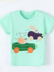Green children's short sleeve T-shirt laid flat with a snail and bunny racing in vegetable cars