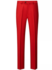 Men's red dress pants with a slim fit and button closure.