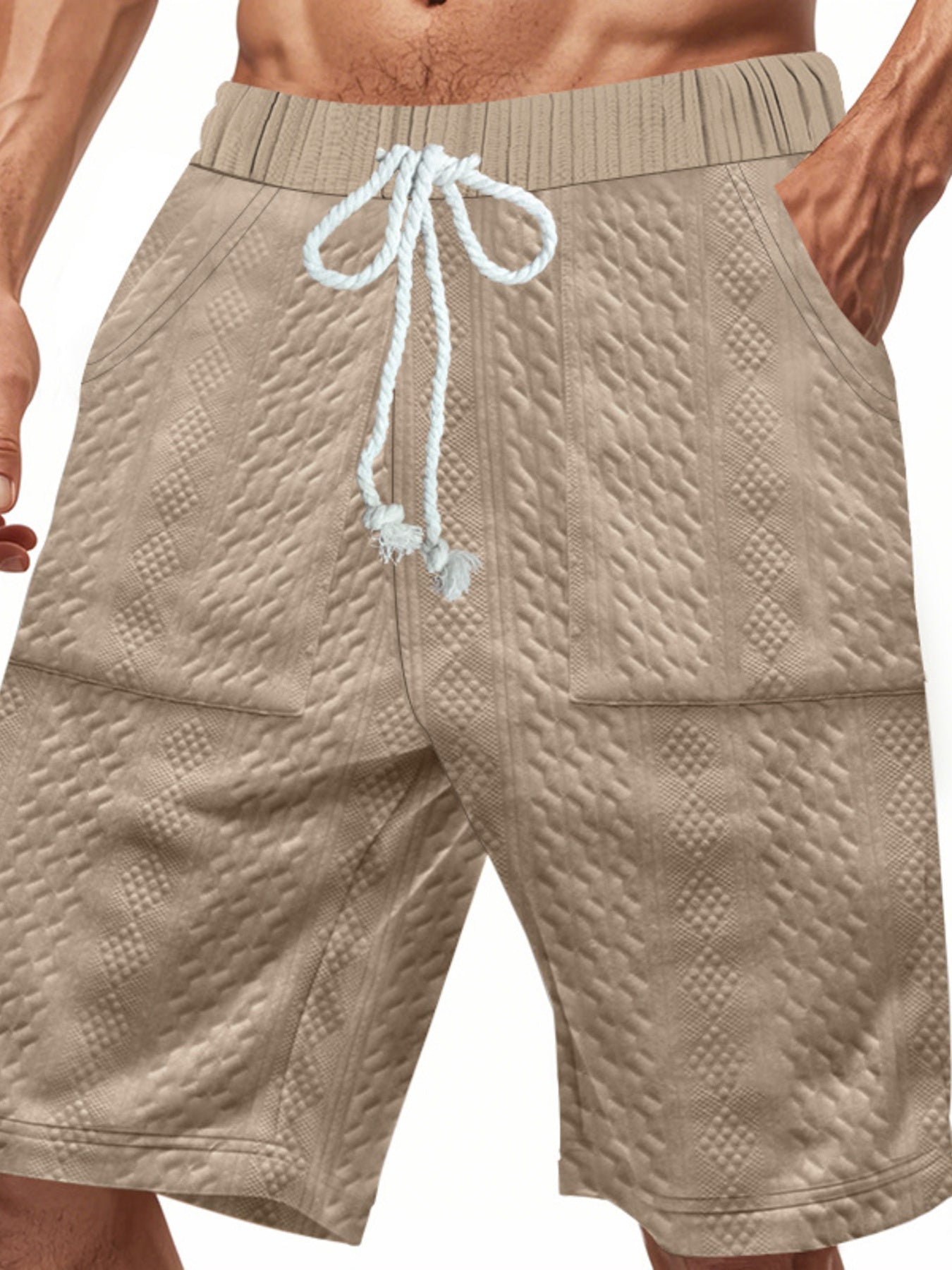 Men's khaki textured shorts with a drawstring waist and pockets.