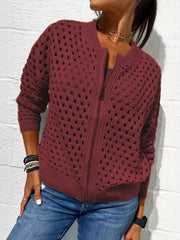 Front view of a wine red openwork crochet cardigan with a front zip