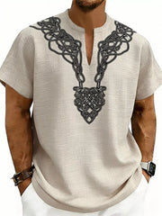 Men's printed short-sleeve blouse with a notched neckline and contrast stitching.
