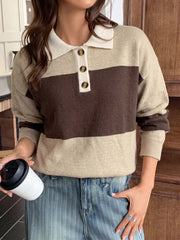 Front view of beige and brown polo sweater with tortoiseshell buttons and cream placket.