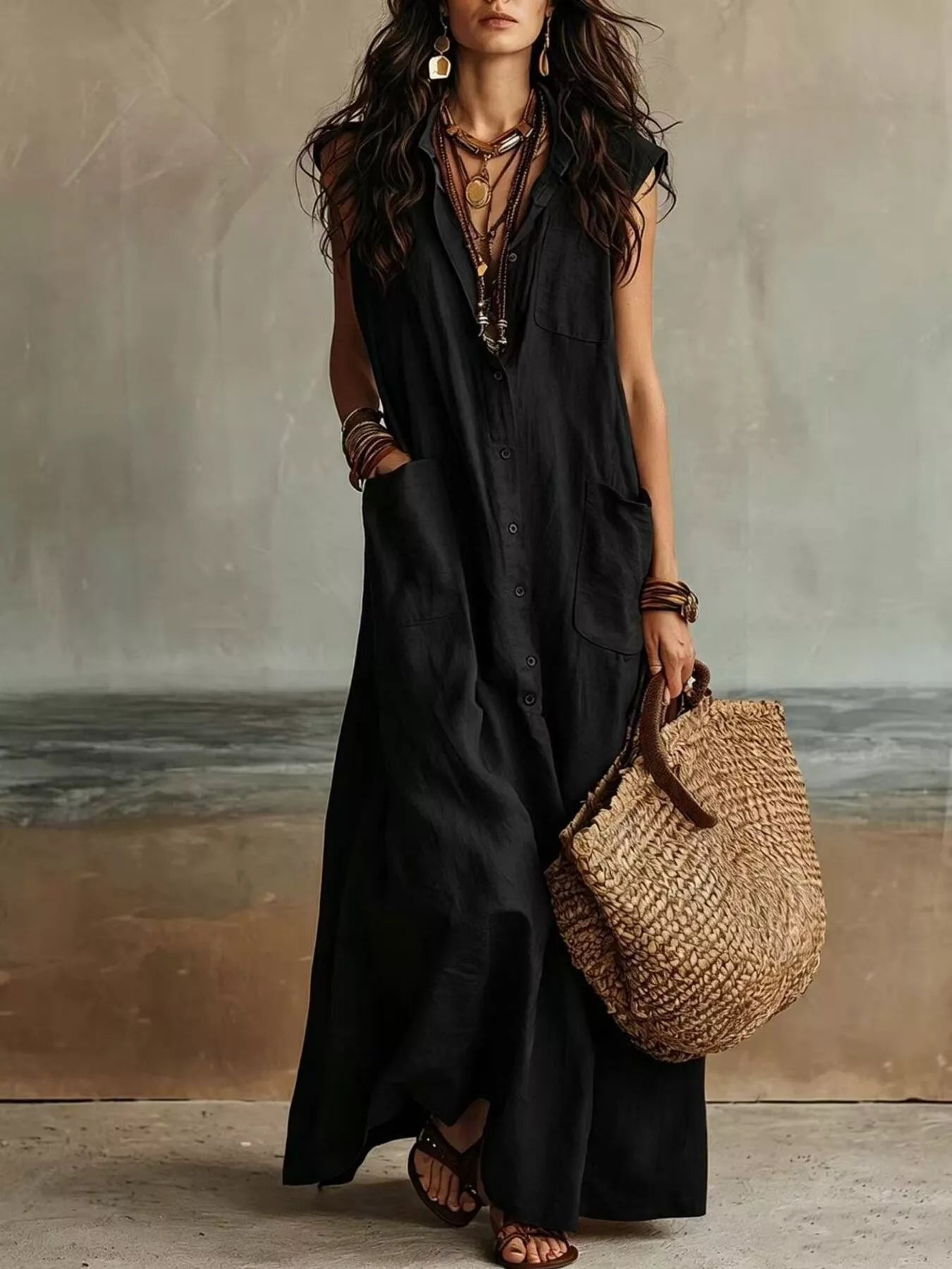 Black sleeveless button down linen maxi dress in full front view with woven tote bag
