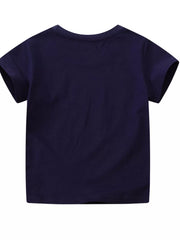 Back view of plain black children's short sleeve tee with crew neckline
