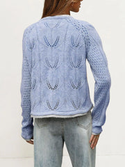 Back view of the light blue hollow out knit cardigan with leaf pattern