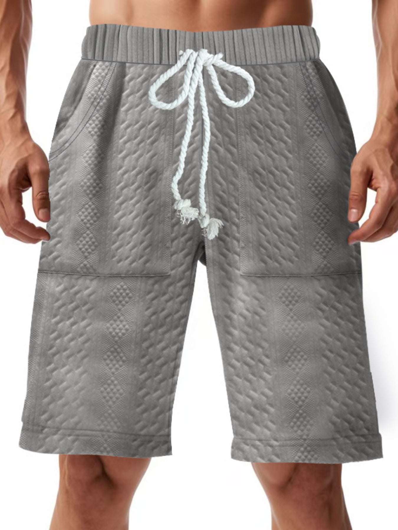 Men's grey textured shorts with a drawstring waist and pockets.