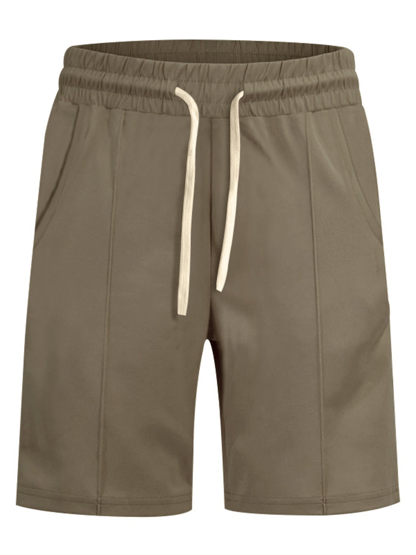 Men's olive brown casual shorts with a drawstring waist and pockets.