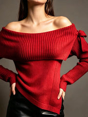 Red off shoulder ribbed knit top with bow tie detail and long sleeves, front view