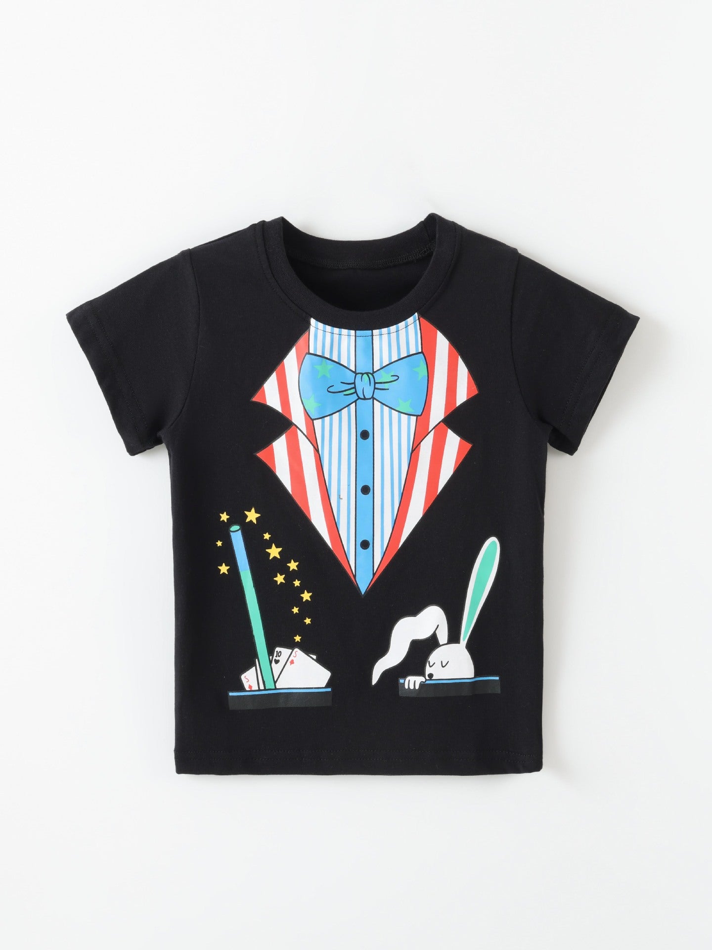 Flat lay front view of children's black t-shirt with magician costume, wand and rabbit graphic