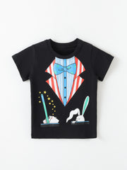 Flat lay front view of children's black t-shirt with magician costume, wand and rabbit graphic