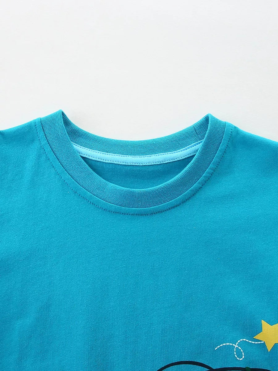 Close-up of the sky blue round neckline with a lighter blue inner trim on a children's T-shirt