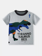 Flat lay front view of a children's gray short sleeve tee with a camouflage dinosaur graphic and black trim