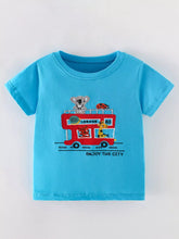 Front view of sky blue children's short sleeve tee with red double decker bus embroidery