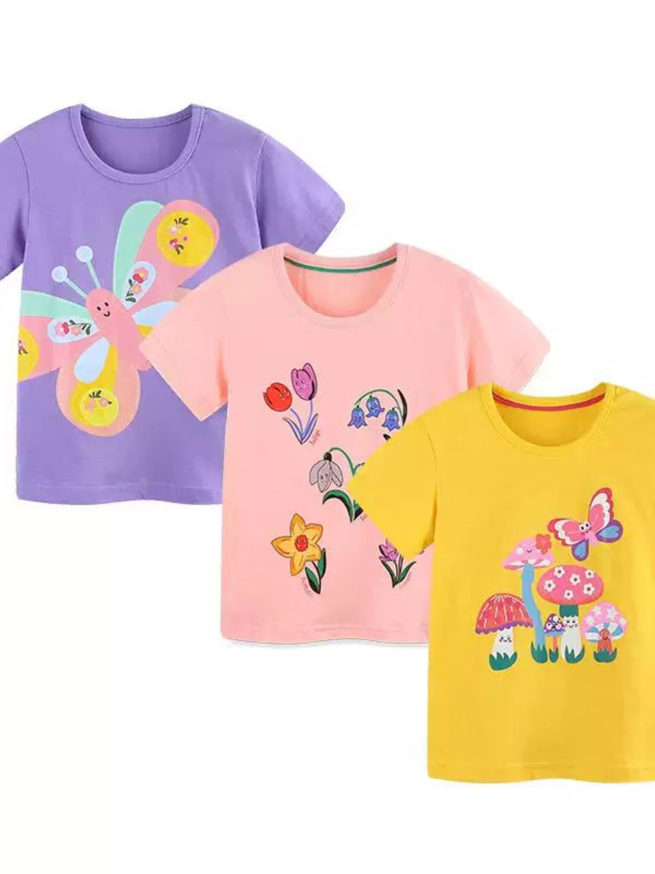 Children's multicolor tee set featuring flower designs, round necklines and short sleeves.